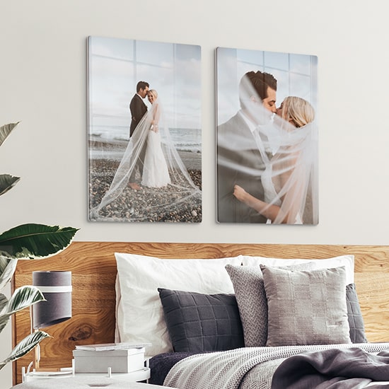 Wedding photos on acrylic surface with rounded corners