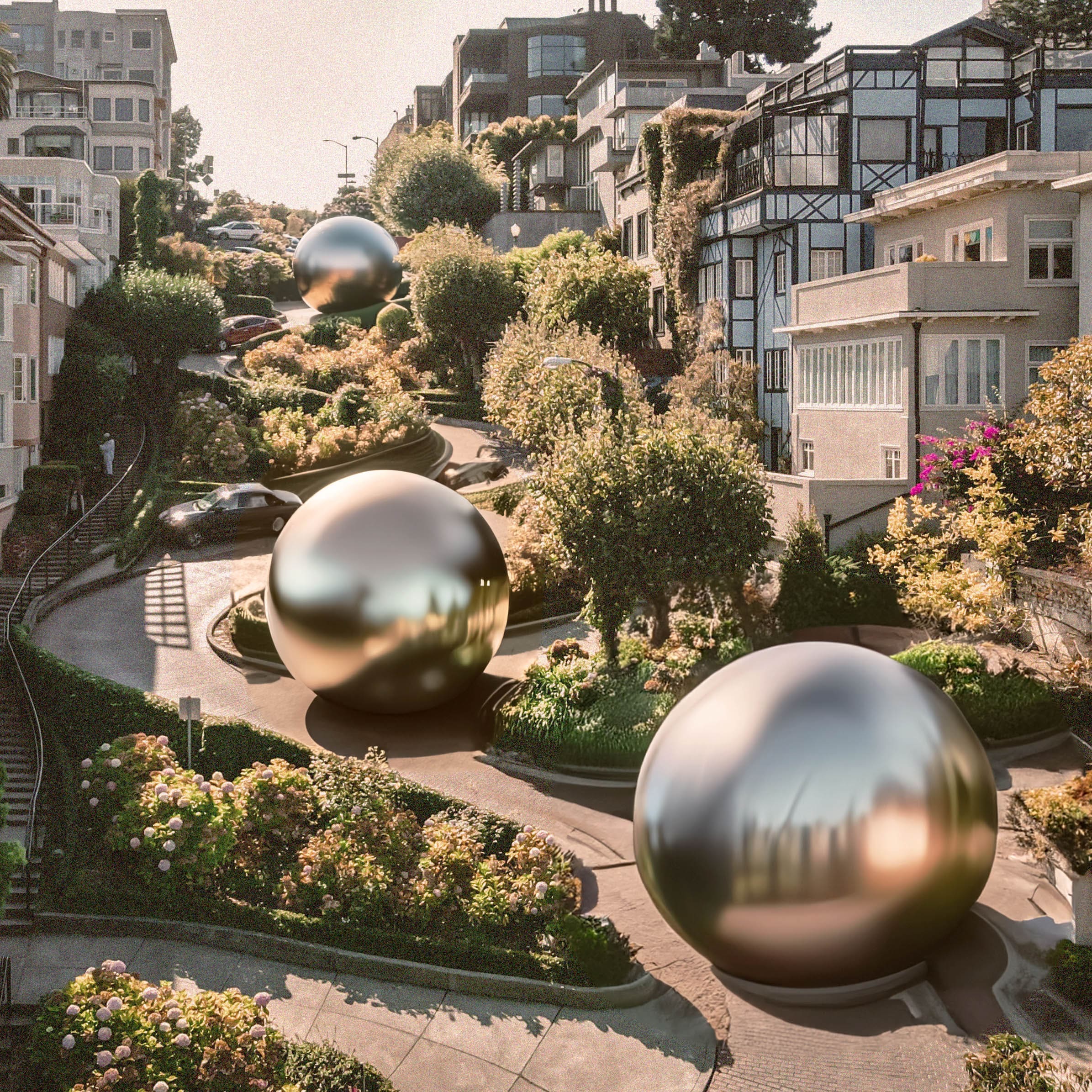 AI augmented image of San Francisco. Winding road with metallic silver spheres.