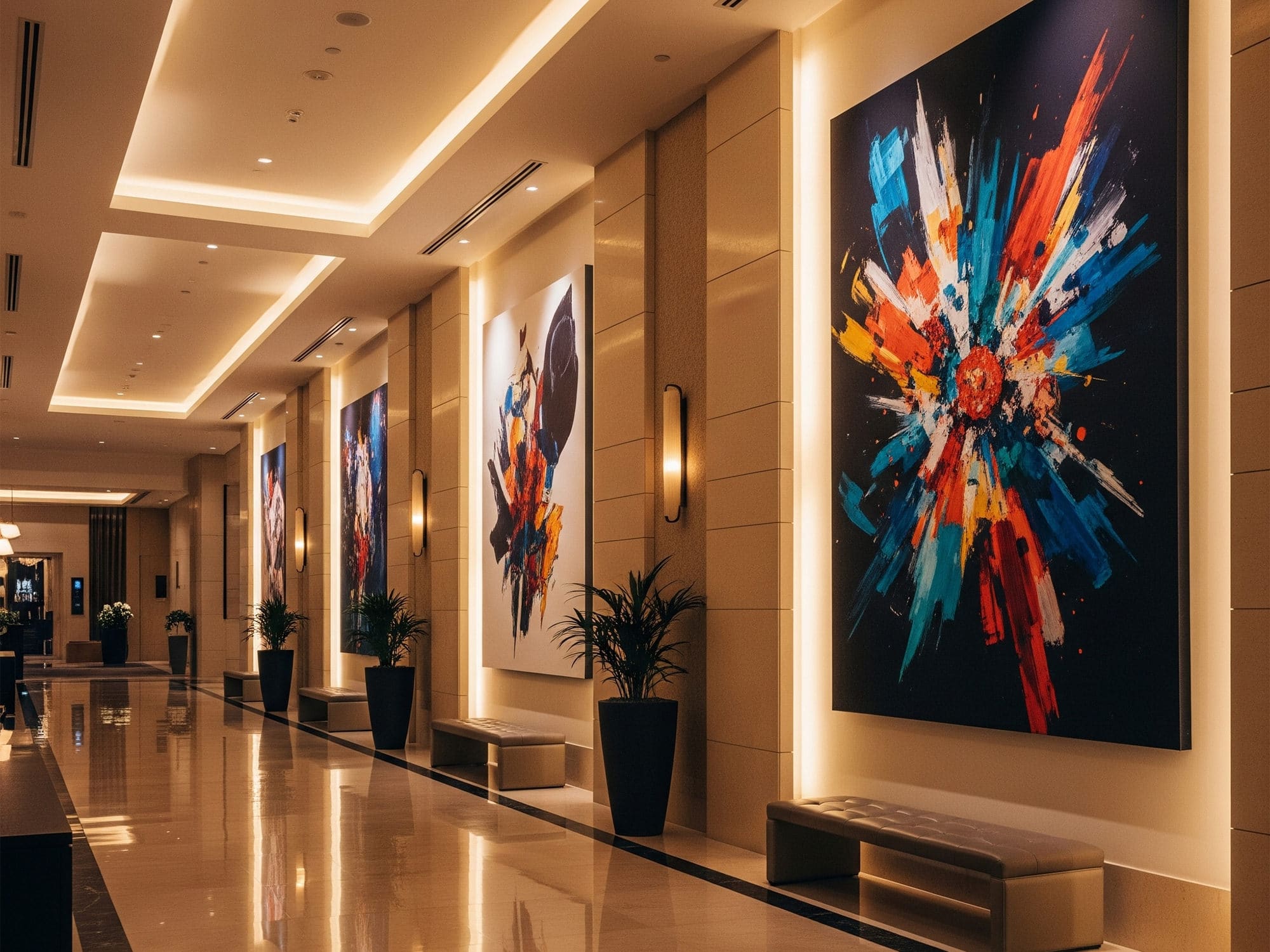 Popular Trends in Boutique Hotel Design | Sensaria vibrant and colorful art in a hotel hallway