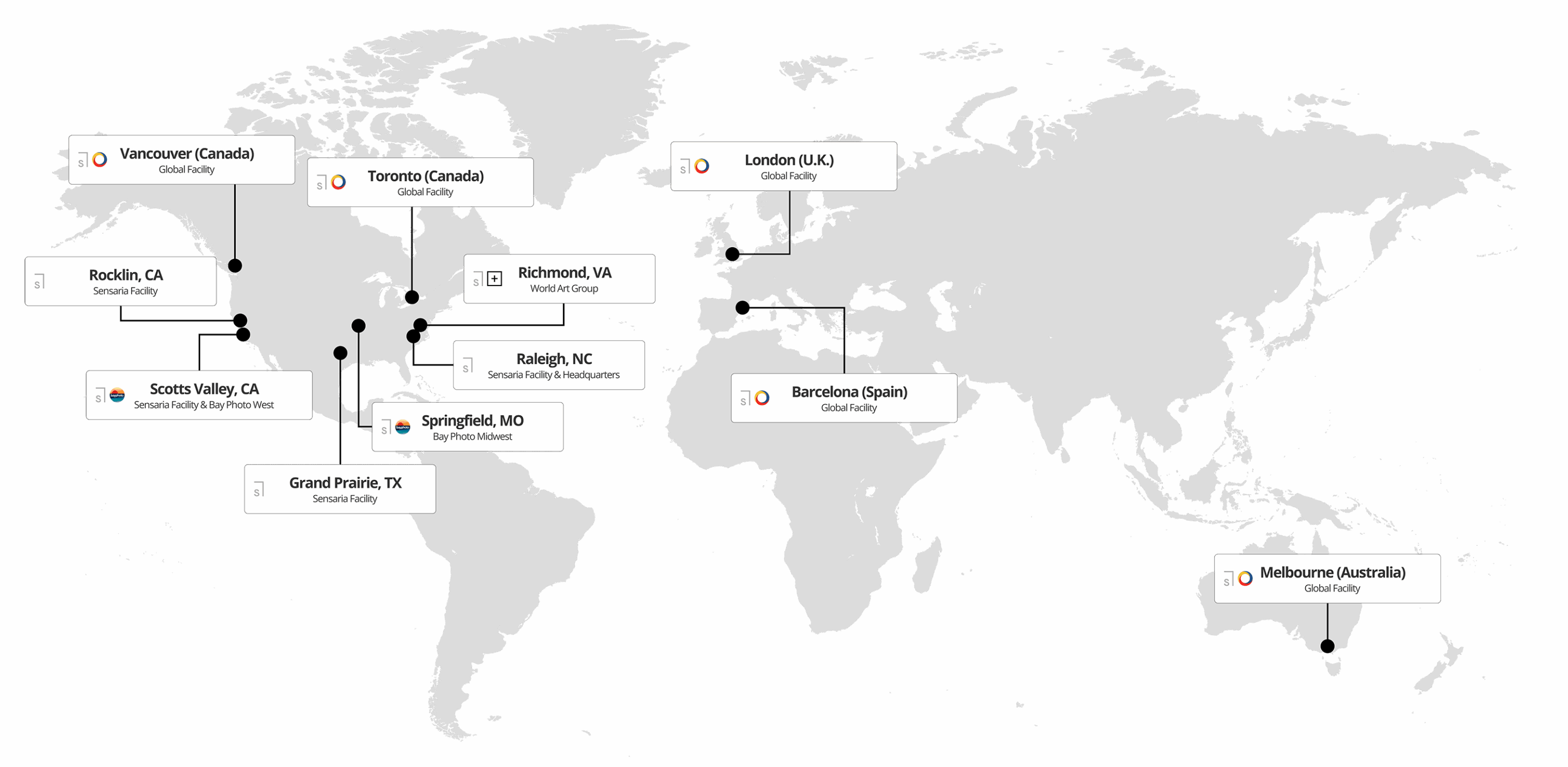 global map showing Sensaria's locations