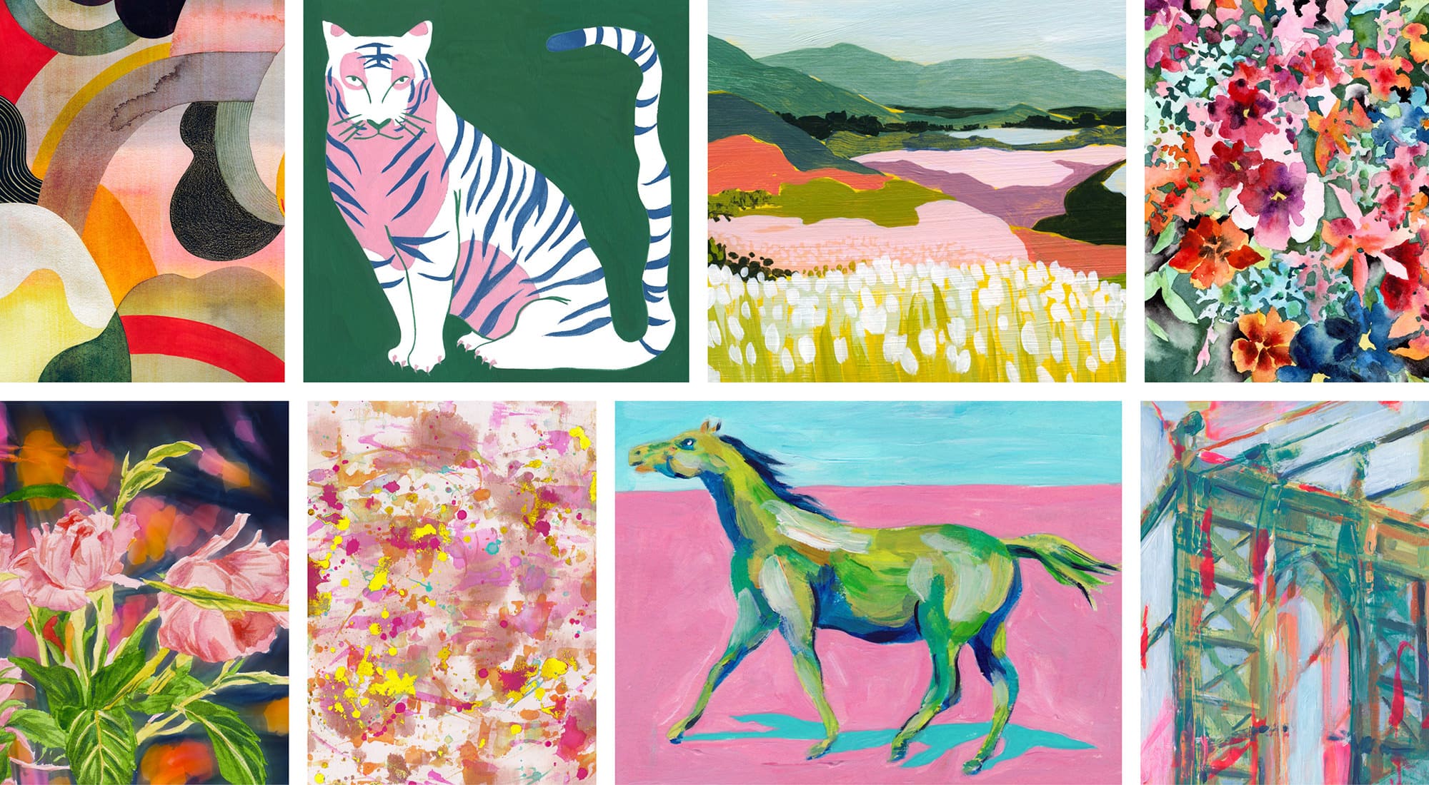 Maximalism without the Clutter | Sensaria collection of images showing vibrant colors and a tiger and horse