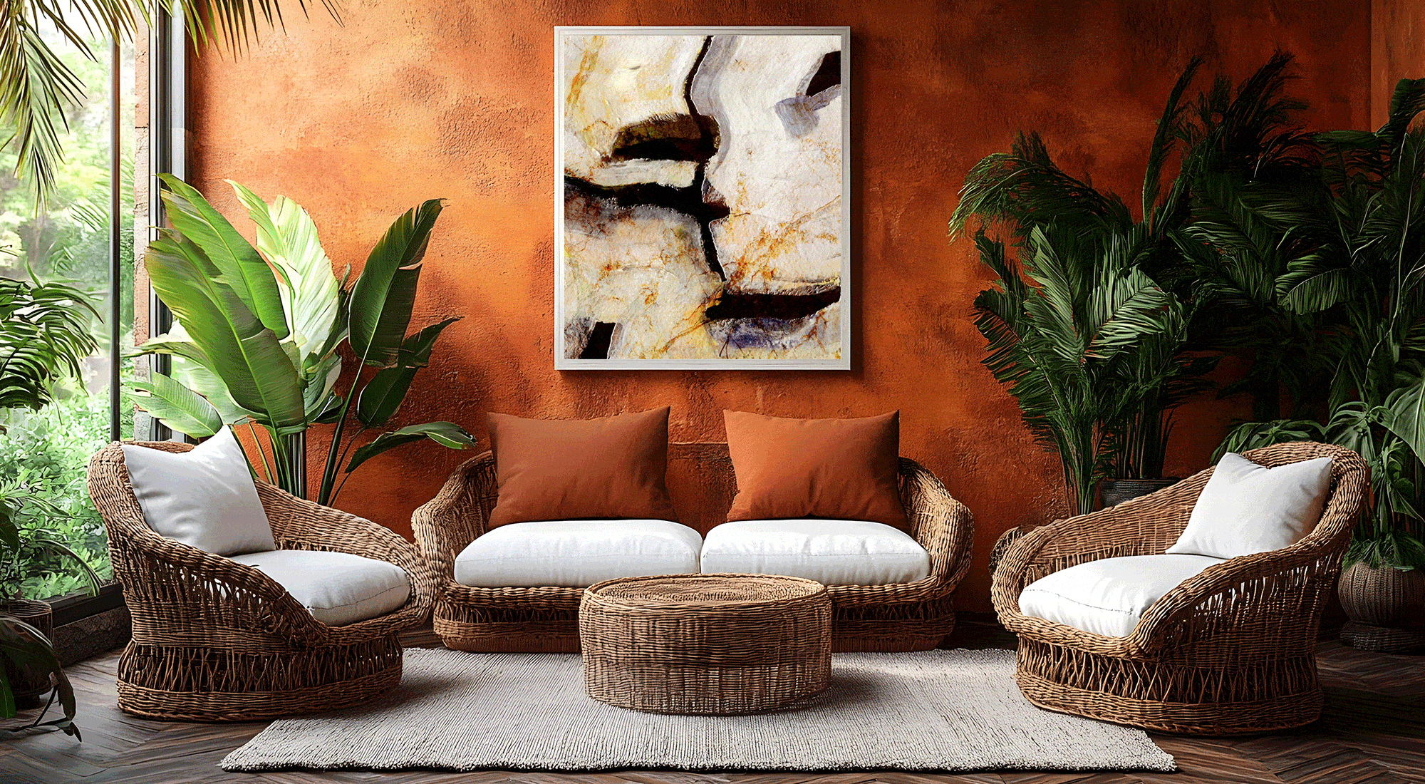 Modular and Adaptive Design rotating image of a framed print in an upscale tropical room