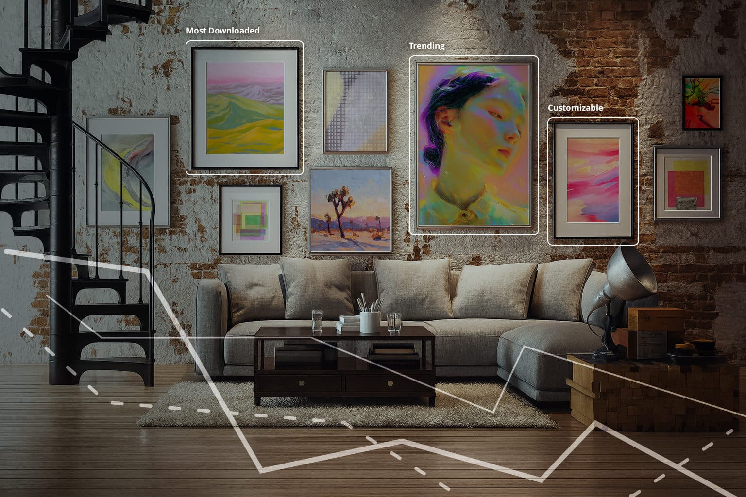 gallery of prints hanging in living room