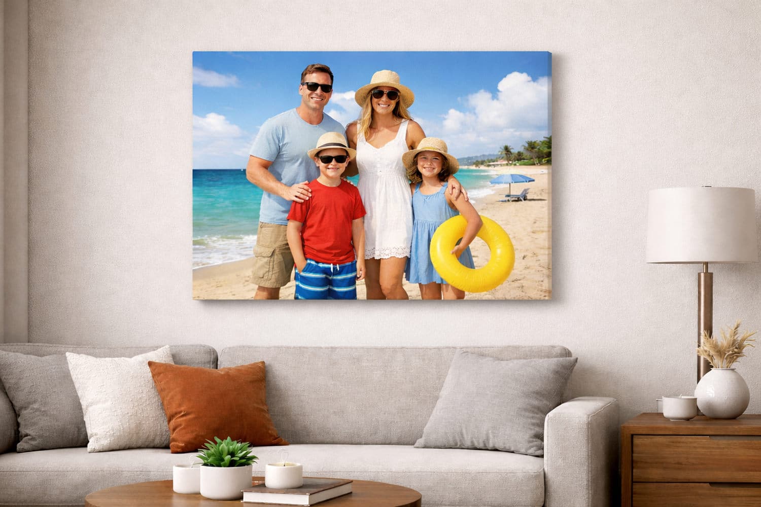 family photo at beach hanging on the wall